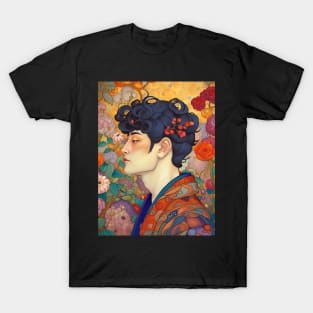 Asian Art Nouveau Man with Flowers T-Shirt